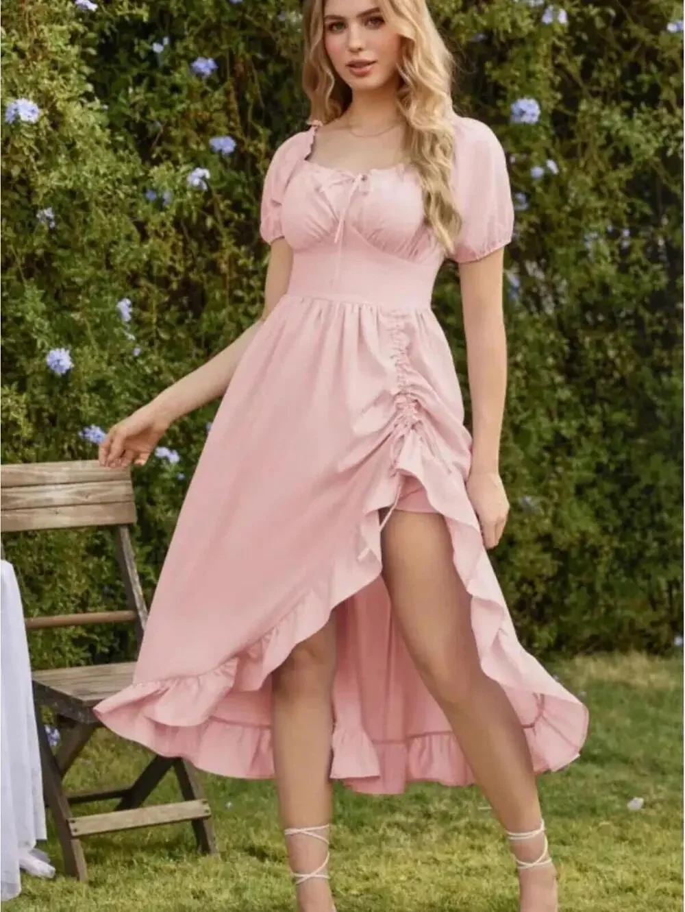Scarlet Darkness Victorian Fairy Midi Dress Baby Pink L Puff Sleeve Square Neck - Picture 1 of 6